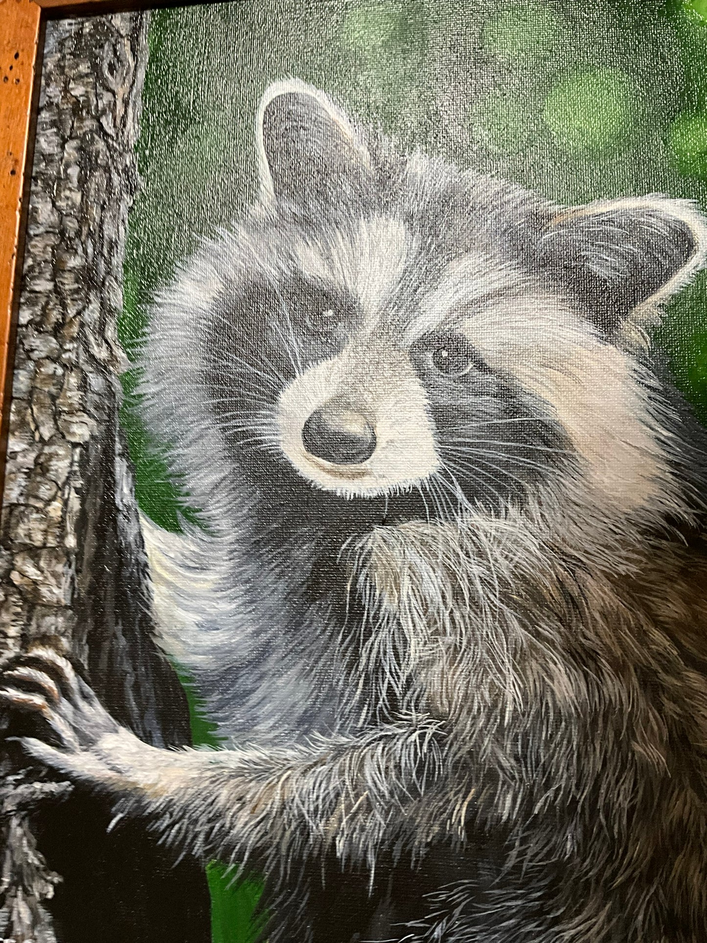Raccoon 11 x 14 Acrylic Painting in Custom Rustic Frame