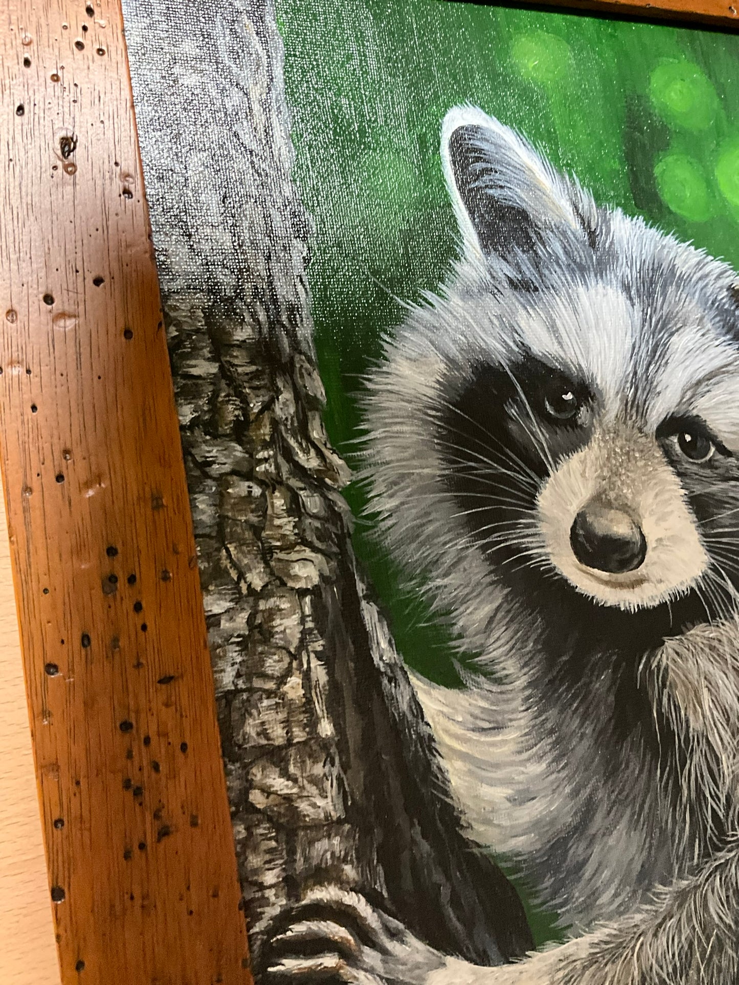 Raccoon 11 x 14 Acrylic Painting in Custom Rustic Frame