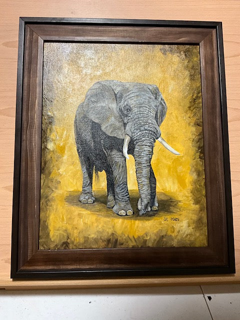 Elephant 11 x 14 inch Acrylic Painting in Custom 14 x 17 inch Rustic Frame