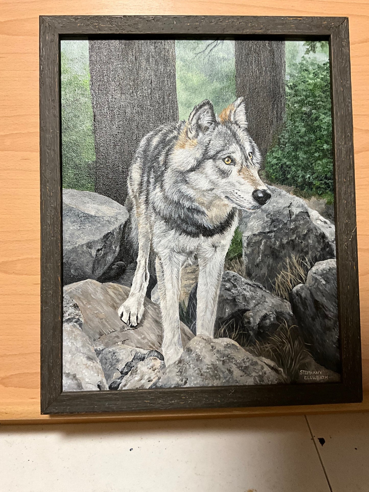 Wolf on Rocks 11 x 14 inch Original Custom Framed Acrylic Painting