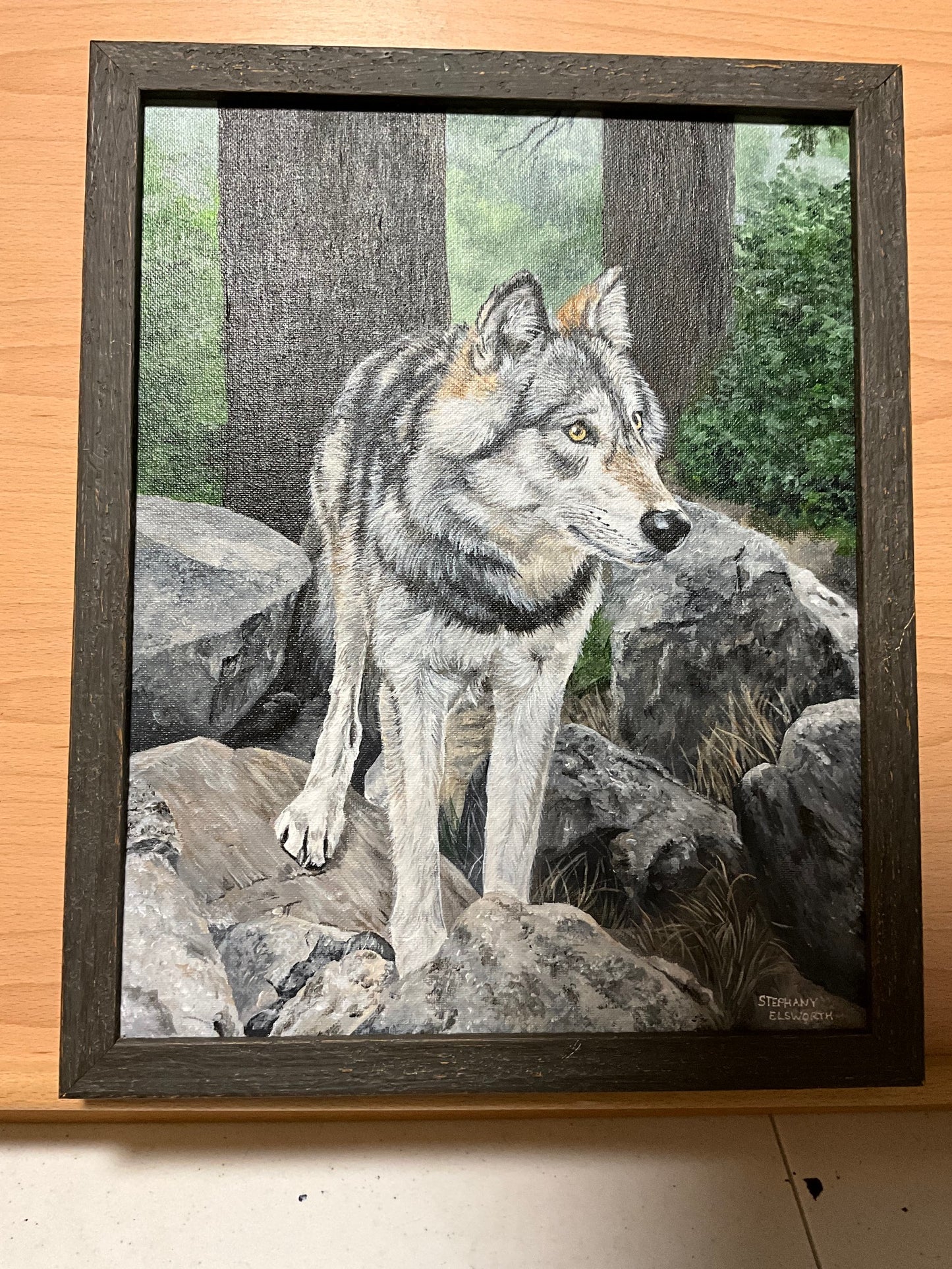 Wolf on Rocks 11 x 14 inch Original Custom Framed Acrylic Painting