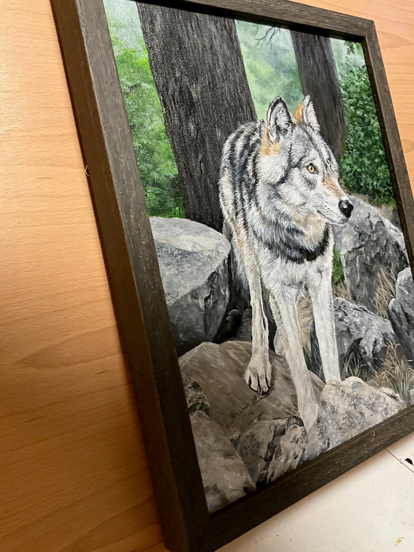 Wolf on Rocks 11 x 14 inch Original Custom Framed Acrylic Painting