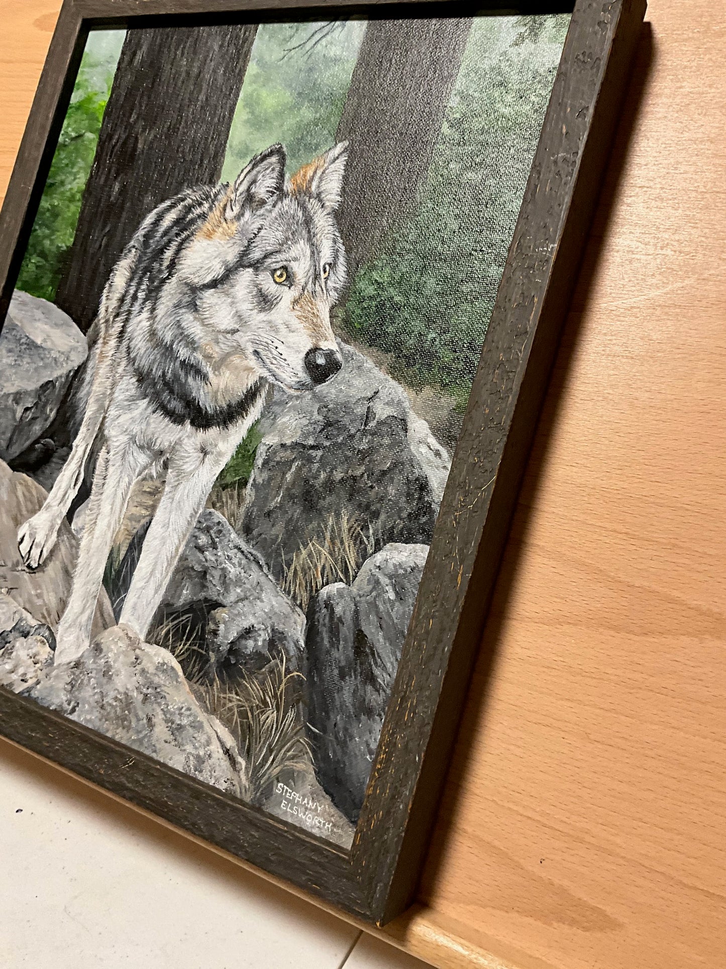 Wolf on Rocks 11 x 14 inch Original Custom Framed Acrylic Painting