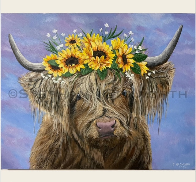 Highland Cow with Sunflower Crown, 20 x 16 inch Original Acrylic Painting on Stretched Canvas