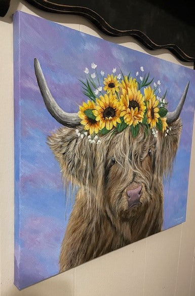 Highland Cow with Sunflower Crown, 20 x 16 inch Original Acrylic Painting on Stretched Canvas