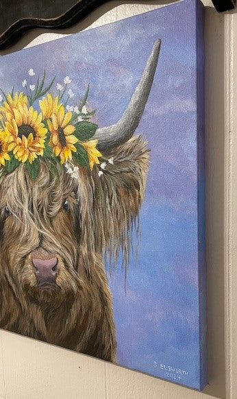 Highland Cow with Sunflower Crown, 20 x 16 inch Original Acrylic Painting on Stretched Canvas