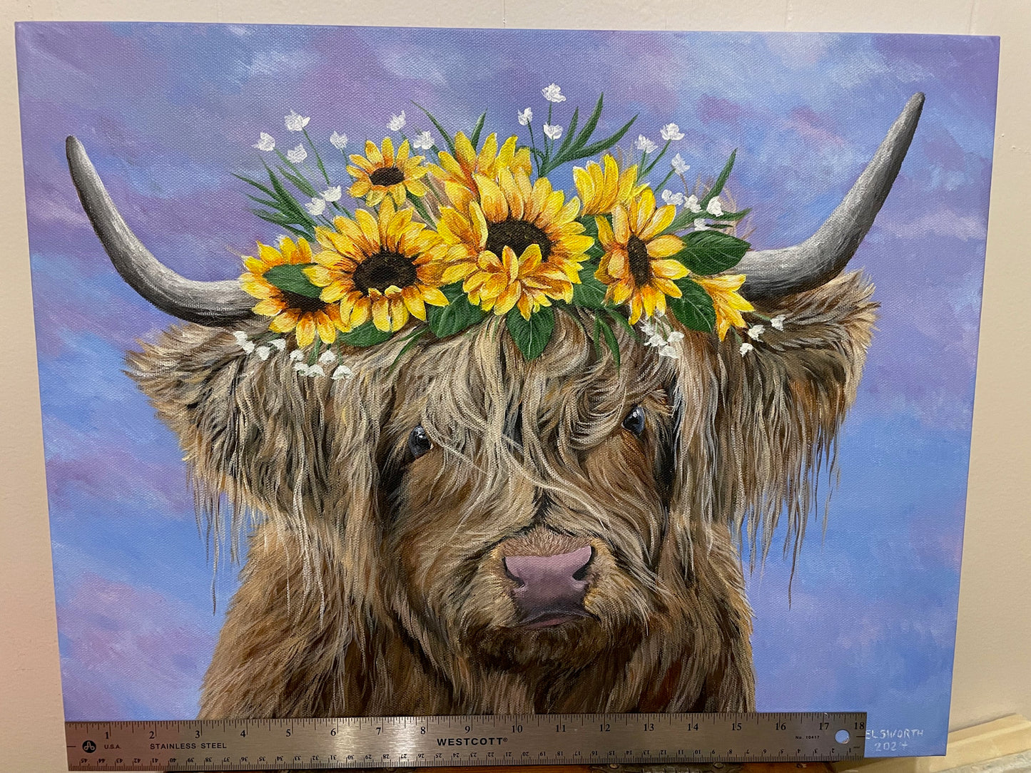 Highland Cow with Sunflower Crown, 20 x 16 inch Original Acrylic Painting on Stretched Canvas