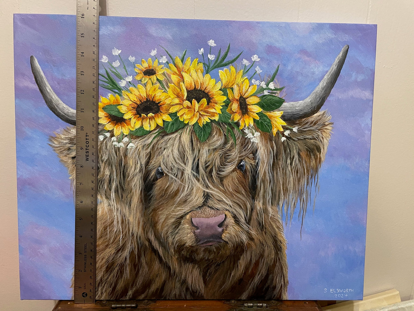 Highland Cow with Sunflower Crown, 20 x 16 inch Original Acrylic Painting on Stretched Canvas