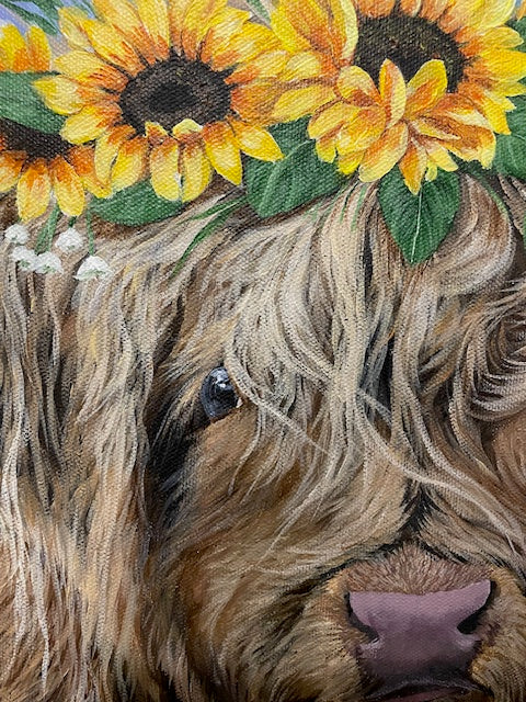 Highland Cow with Sunflower Crown, 20 x 16 inch Original Acrylic Painting on Stretched Canvas