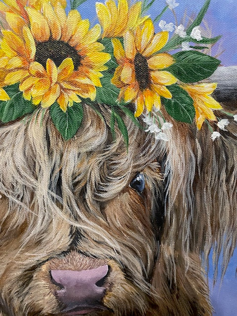 Highland Cow with Sunflower Crown, 20 x 16 inch Original Acrylic Painting on Stretched Canvas