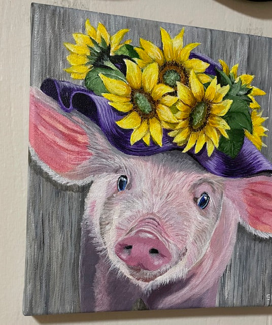 "This Little Piggy" Pig in Purple Hat with Sunflowers 8 x 8 Original Acrylic Painting