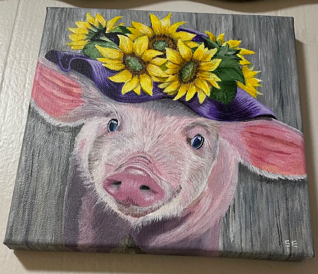 "This Little Piggy" Pig in Purple Hat with Sunflowers 8 x 8 Original Acrylic Painting