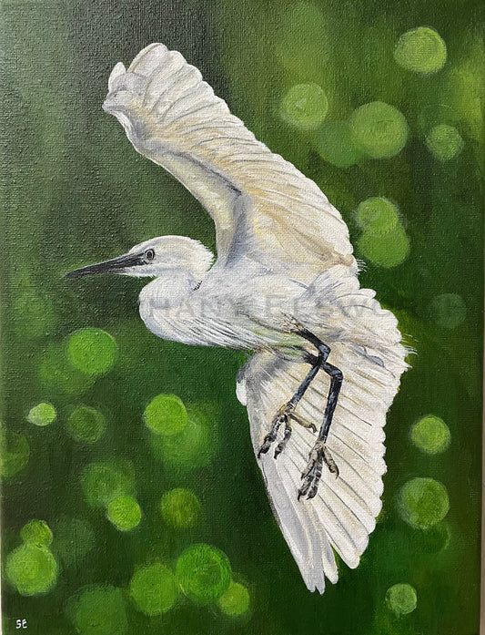 9 x 12 Egret on Green Original Acrylic Painting