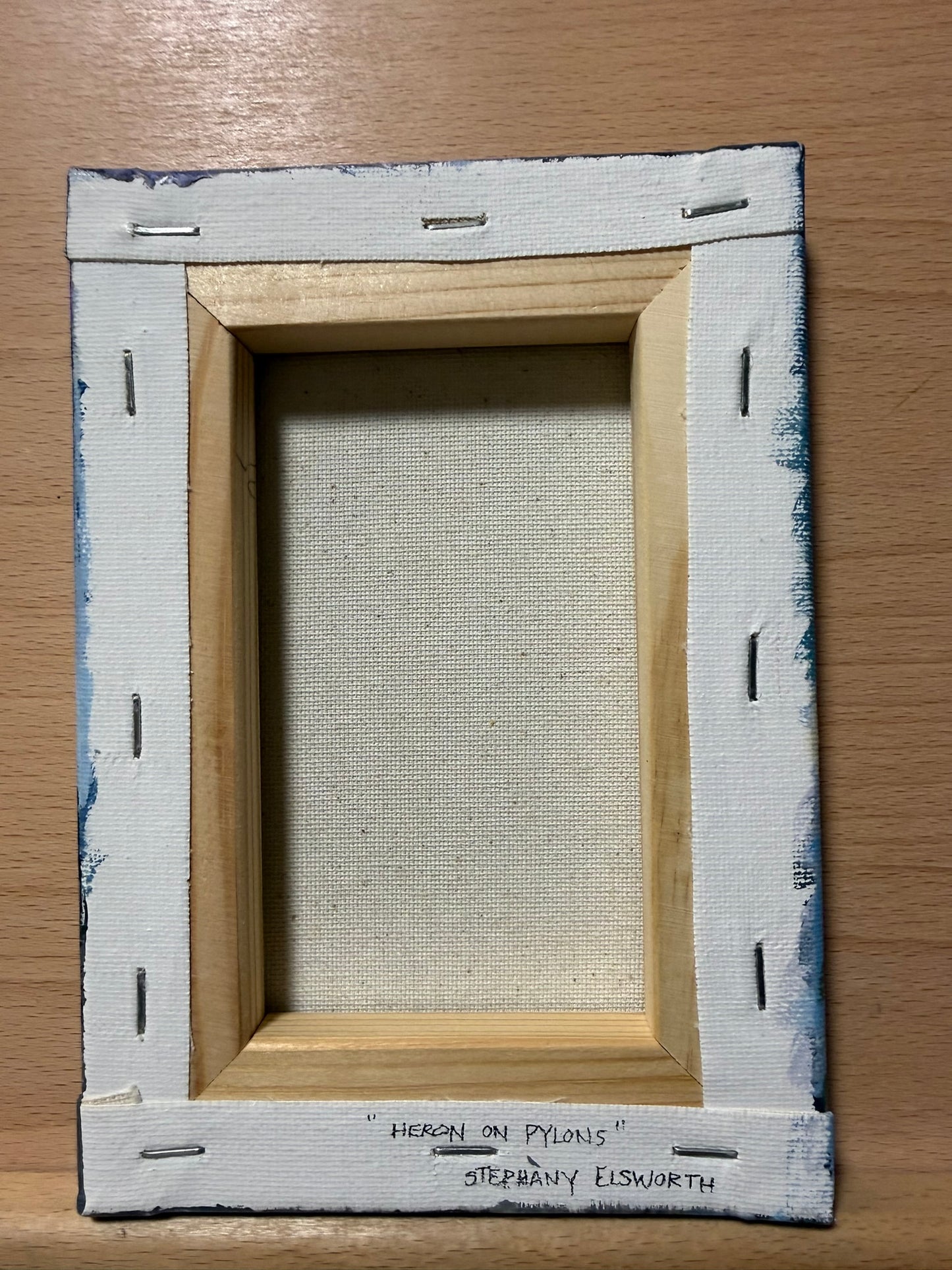 5 x 7 Inch Gray Heron on Pylons Original Acrylic Painting