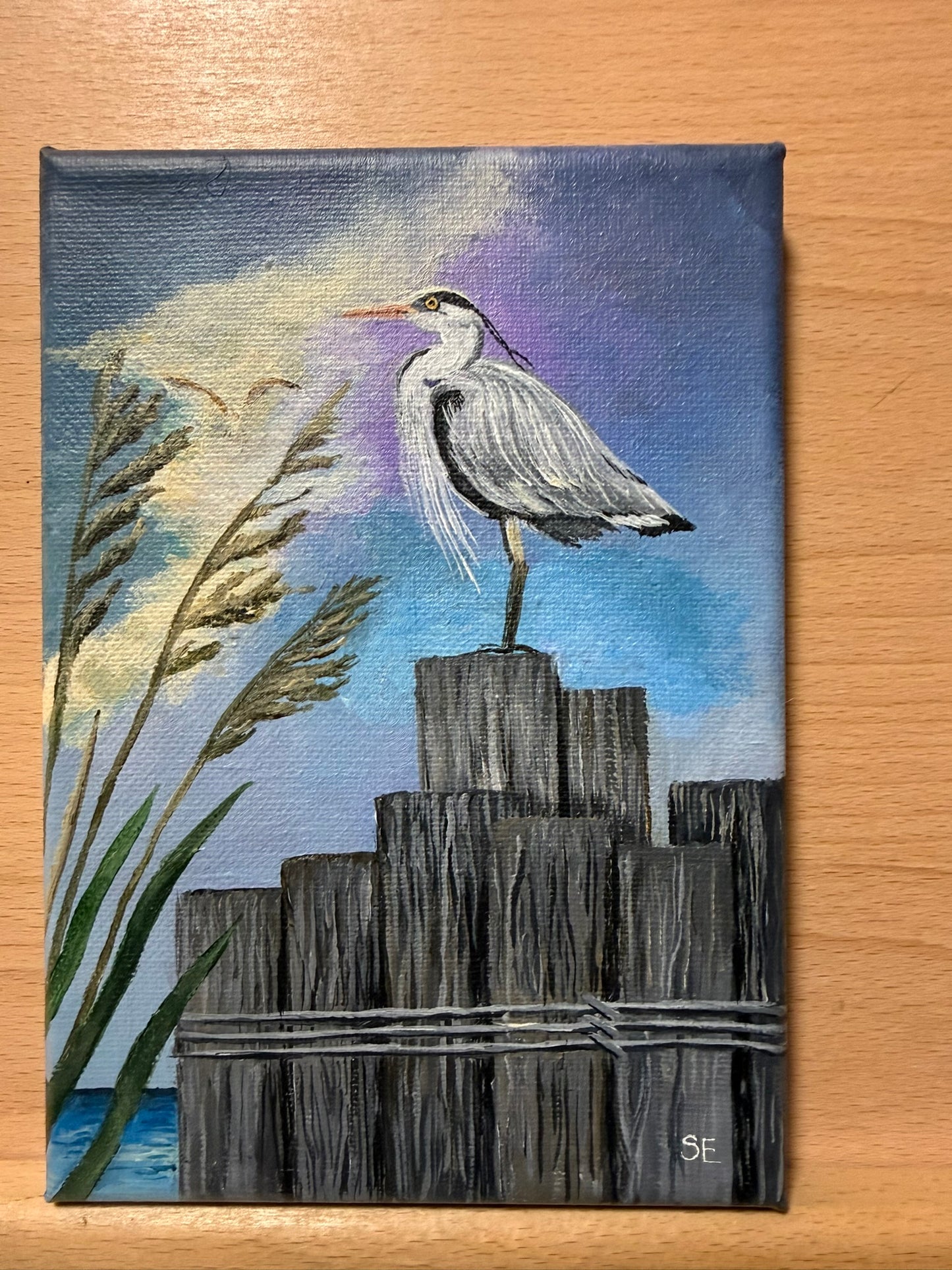 5 x 7 Inch Gray Heron on Pylons Original Acrylic Painting