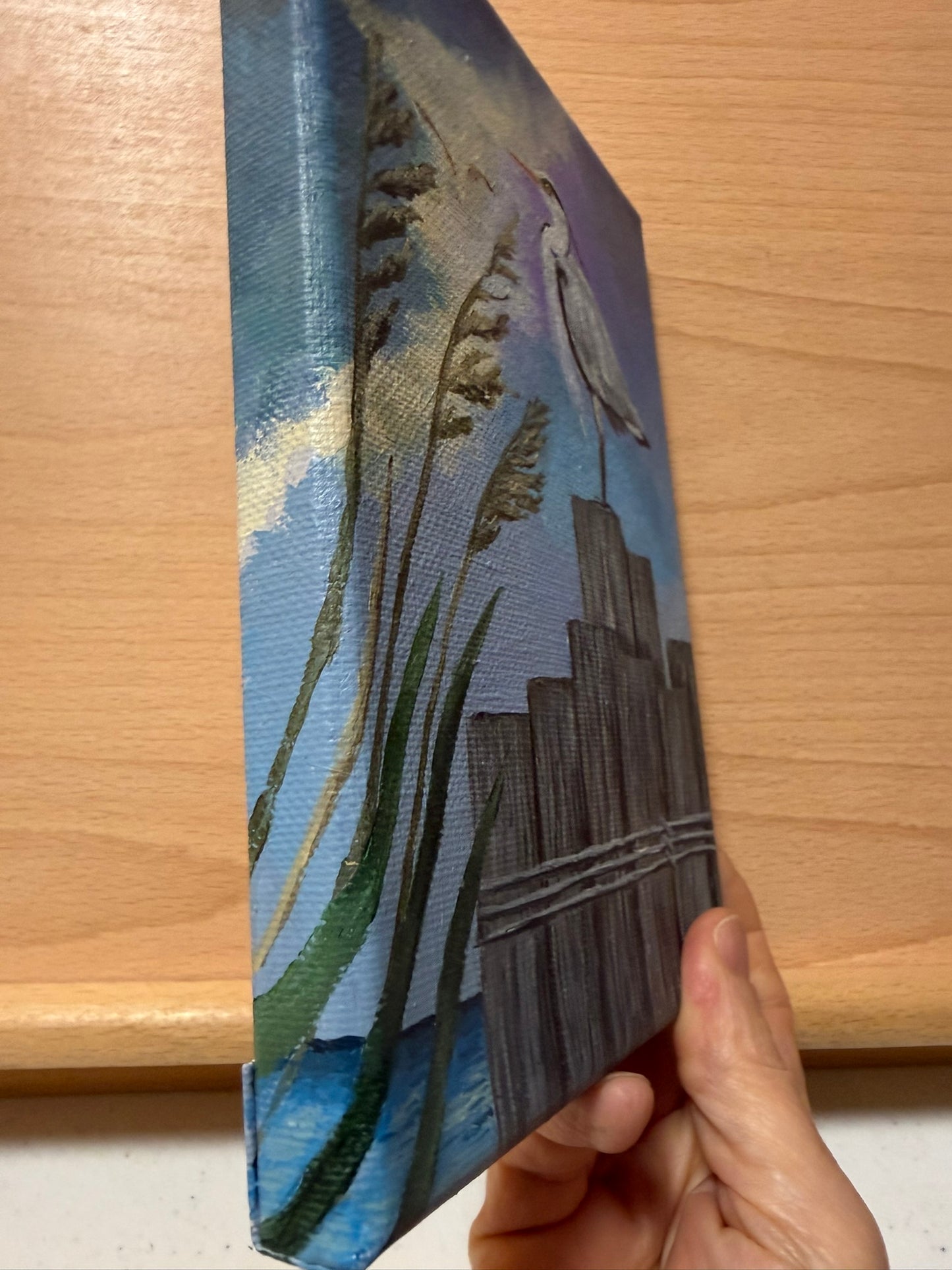 5 x 7 Inch Gray Heron on Pylons Original Acrylic Painting