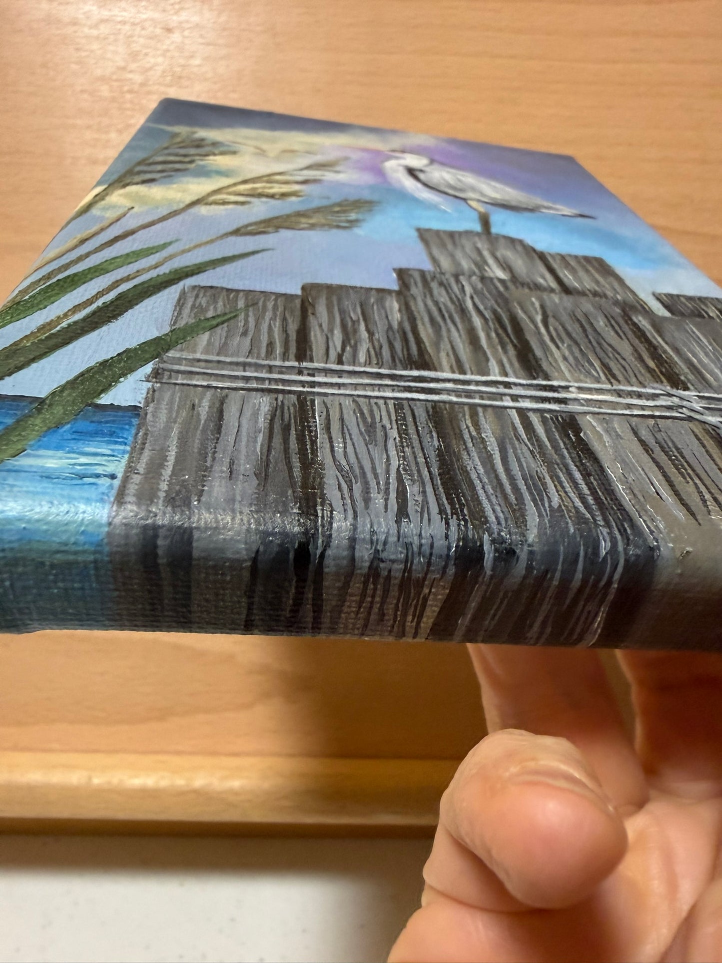 5 x 7 Inch Gray Heron on Pylons Original Acrylic Painting