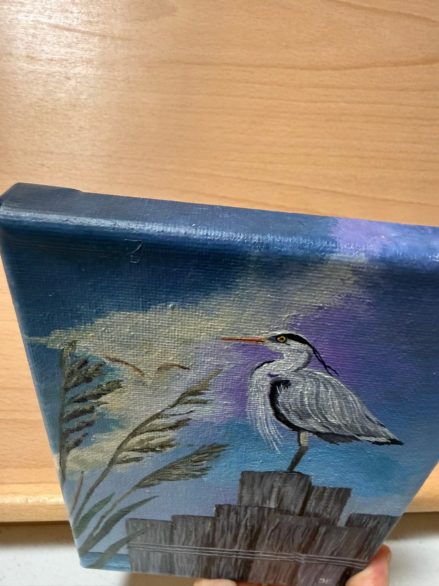 5 x 7 Inch Gray Heron on Pylons Original Acrylic Painting