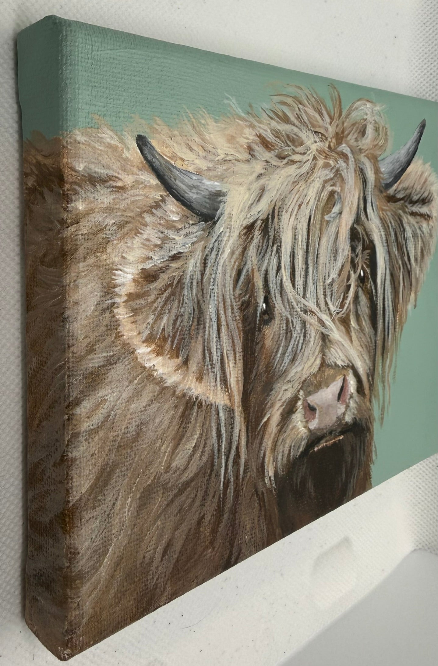 7 x 5 Inch Scottish Highland Cow on Farmhouse Green Original Painting