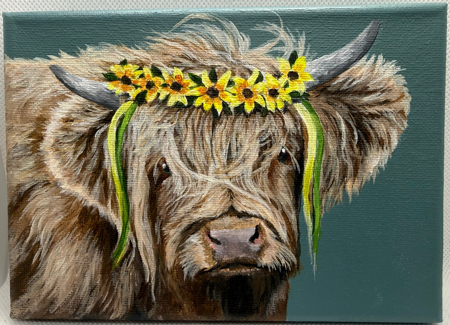 7 x 5 Inch Scottish Highland Cow with Daisy Garland Original Painting