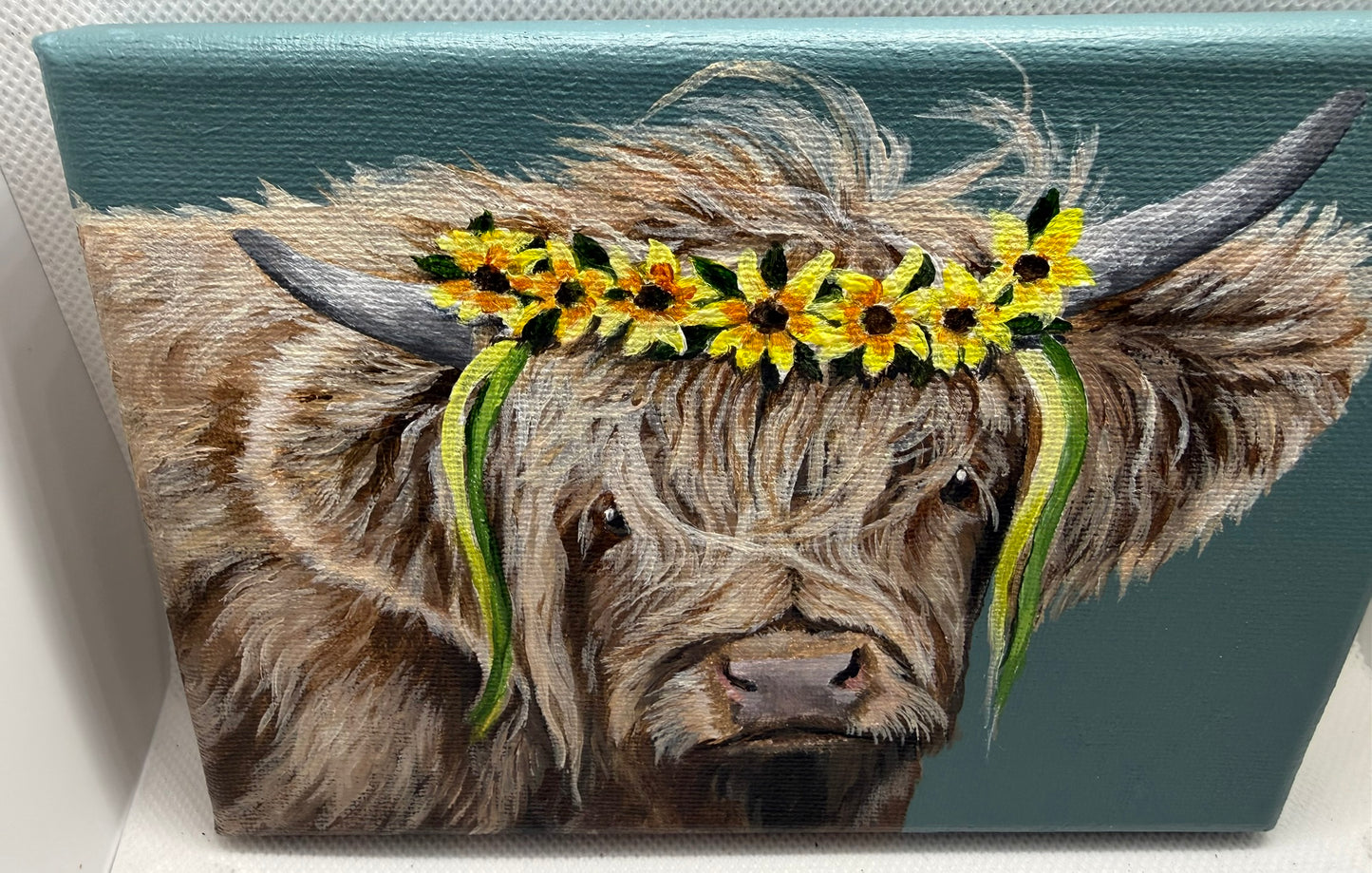 7 x 5 Inch Scottish Highland Cow with Daisy Garland Original Painting
