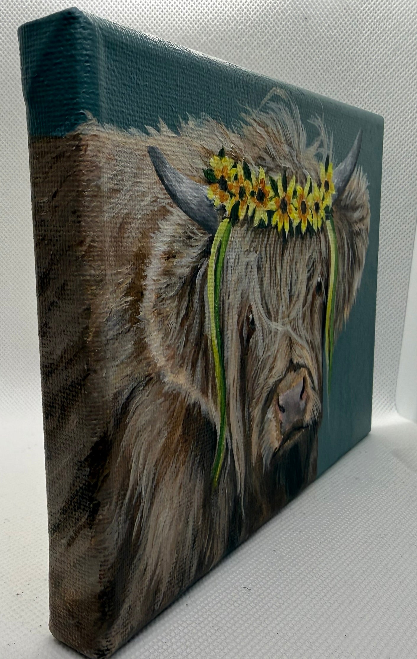 7 x 5 Inch Scottish Highland Cow with Daisy Garland Original Painting