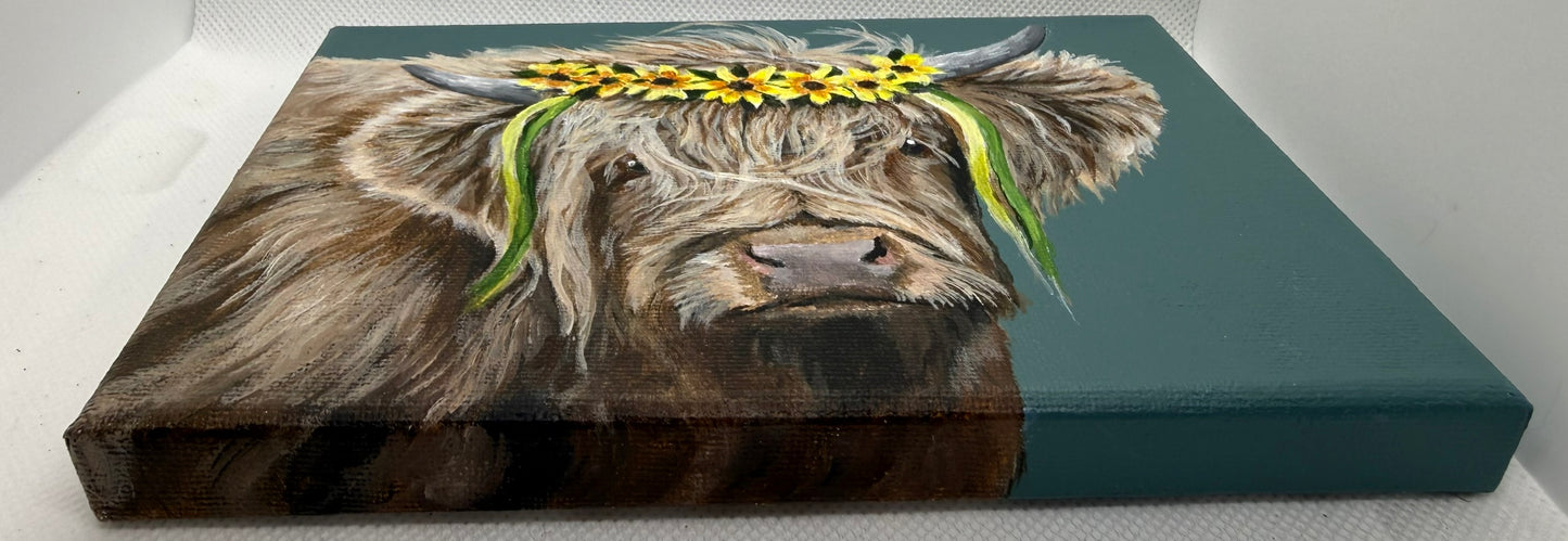 7 x 5 Inch Scottish Highland Cow with Daisy Garland Original Painting