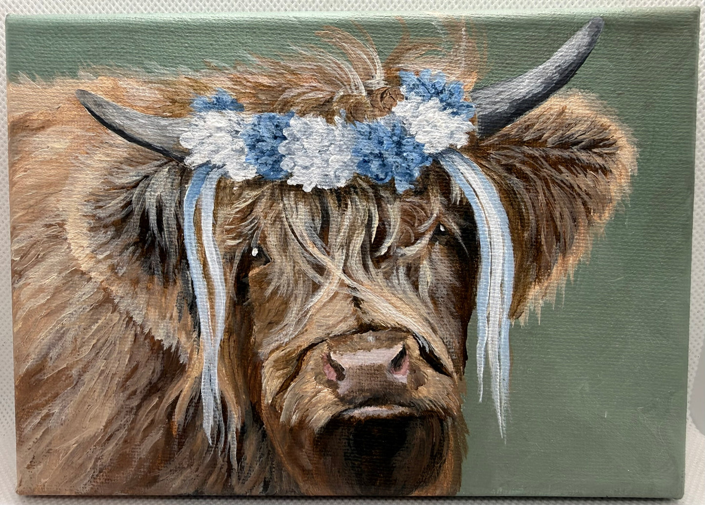7 x 5 Inch Scottish Highland Cow with Blue and White Garland Original Painting (Copy)