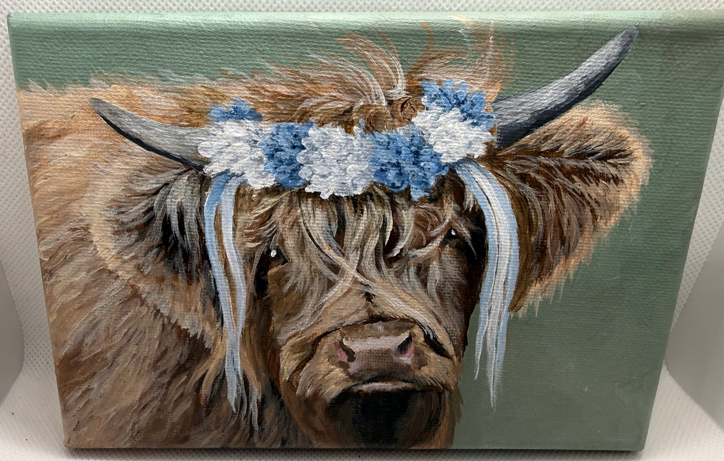 7 x 5 Inch Scottish Highland Cow with Blue and White Garland Original Painting (Copy)