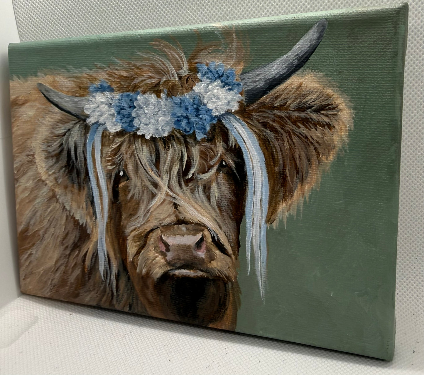7 x 5 Inch Scottish Highland Cow with Blue and White Garland Original Painting (Copy)