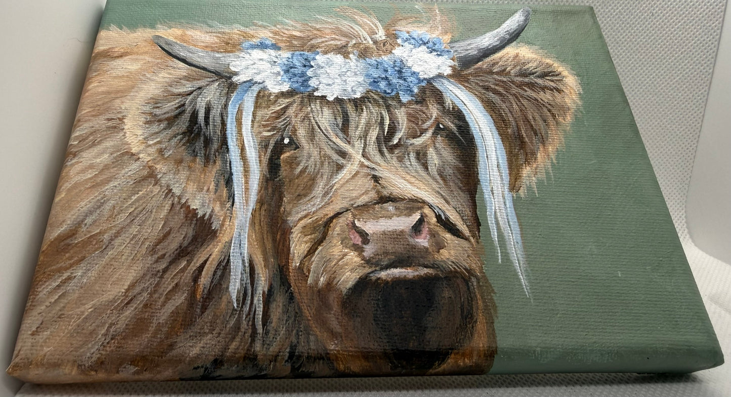 7 x 5 Inch Scottish Highland Cow with Blue and White Garland Original Painting (Copy)