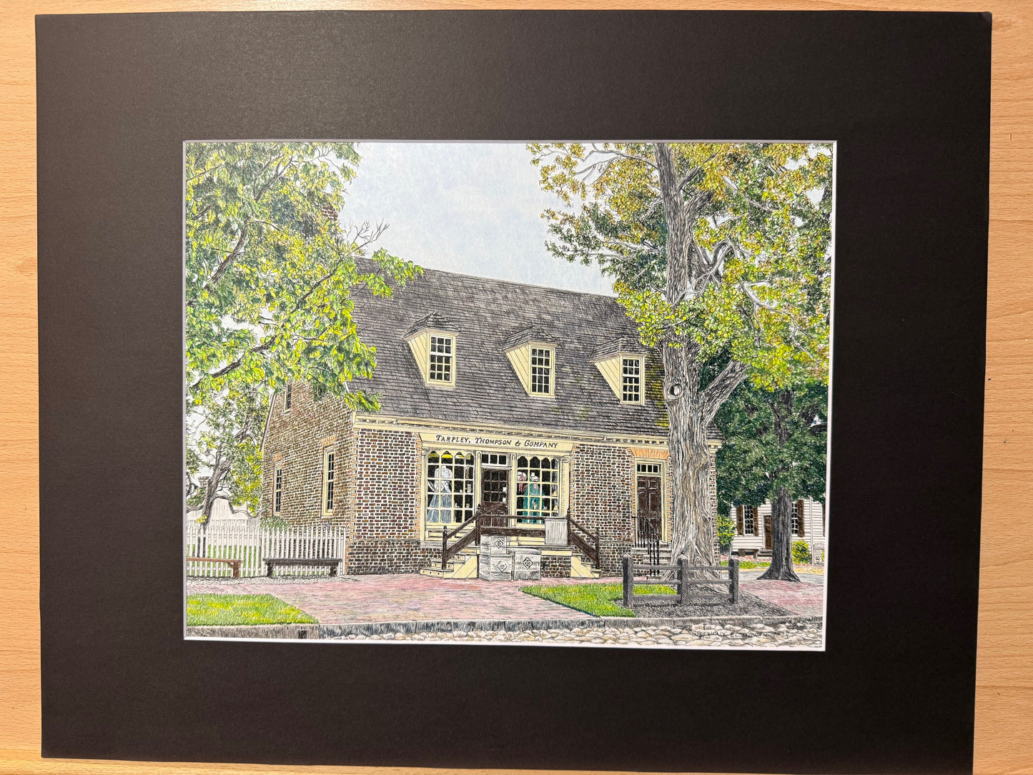 14 x 11 inch Colonial Williamsburg's Tarpley, Thompson & Co. Shop in 20 x 16 inch Black Mat Original Art