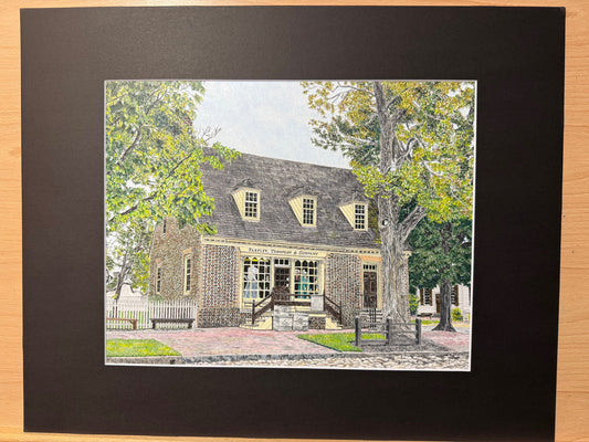 14 x 11 inch Colonial Williamsburg's Tarpley, Thompson & Co. Shop in 20 x 16 inch Black Mat Original Art