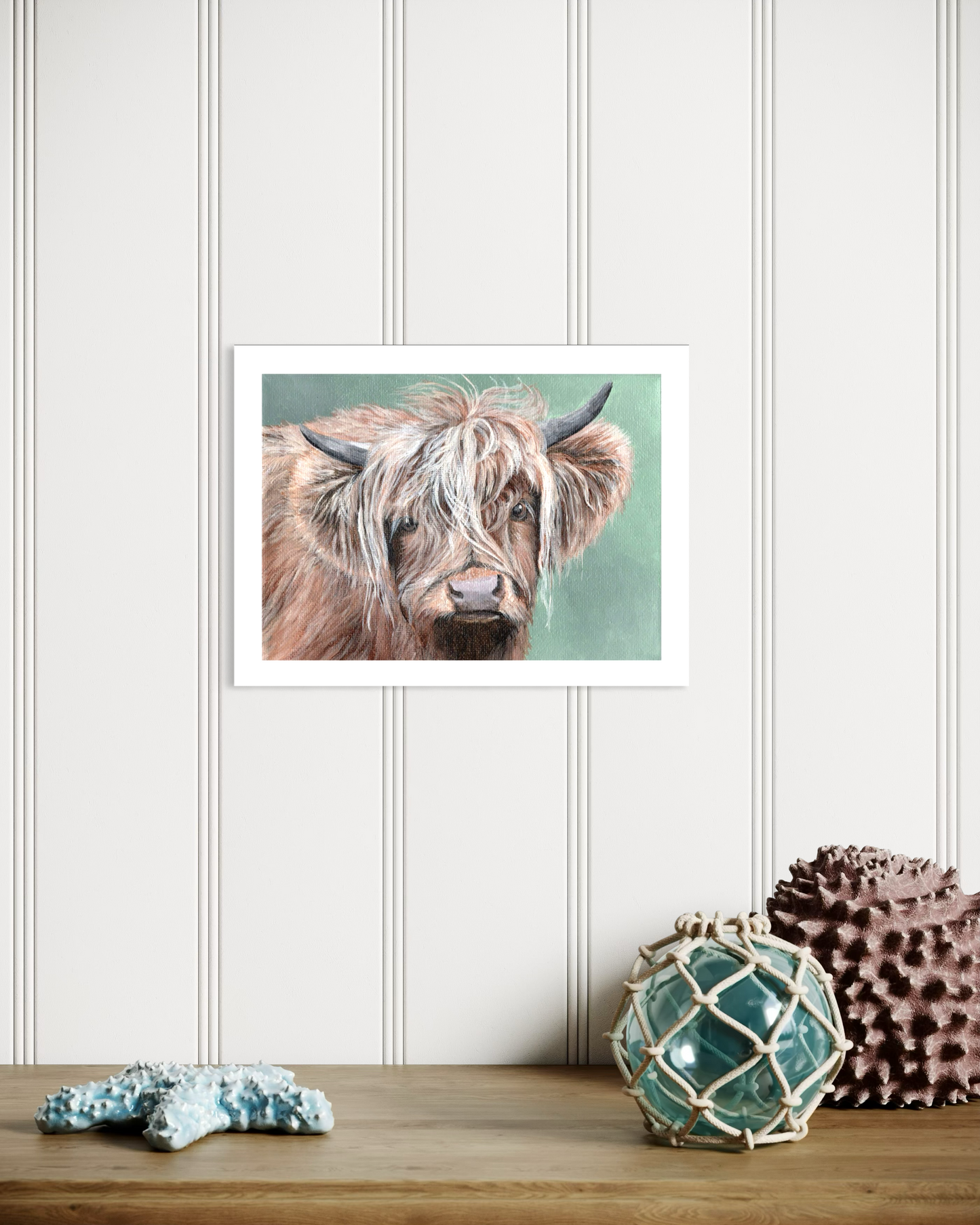 8 x 6 Inch Scottish Highland Cow on Green Giclee Fine Art Print