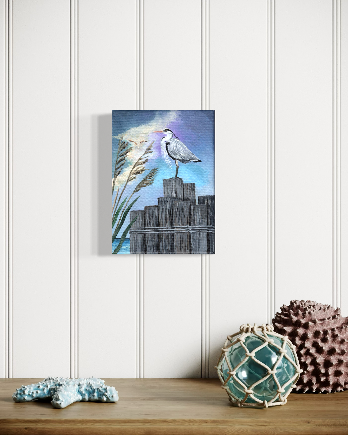 5 x 7 Inch Gray Heron on Pylons Original Acrylic Painting