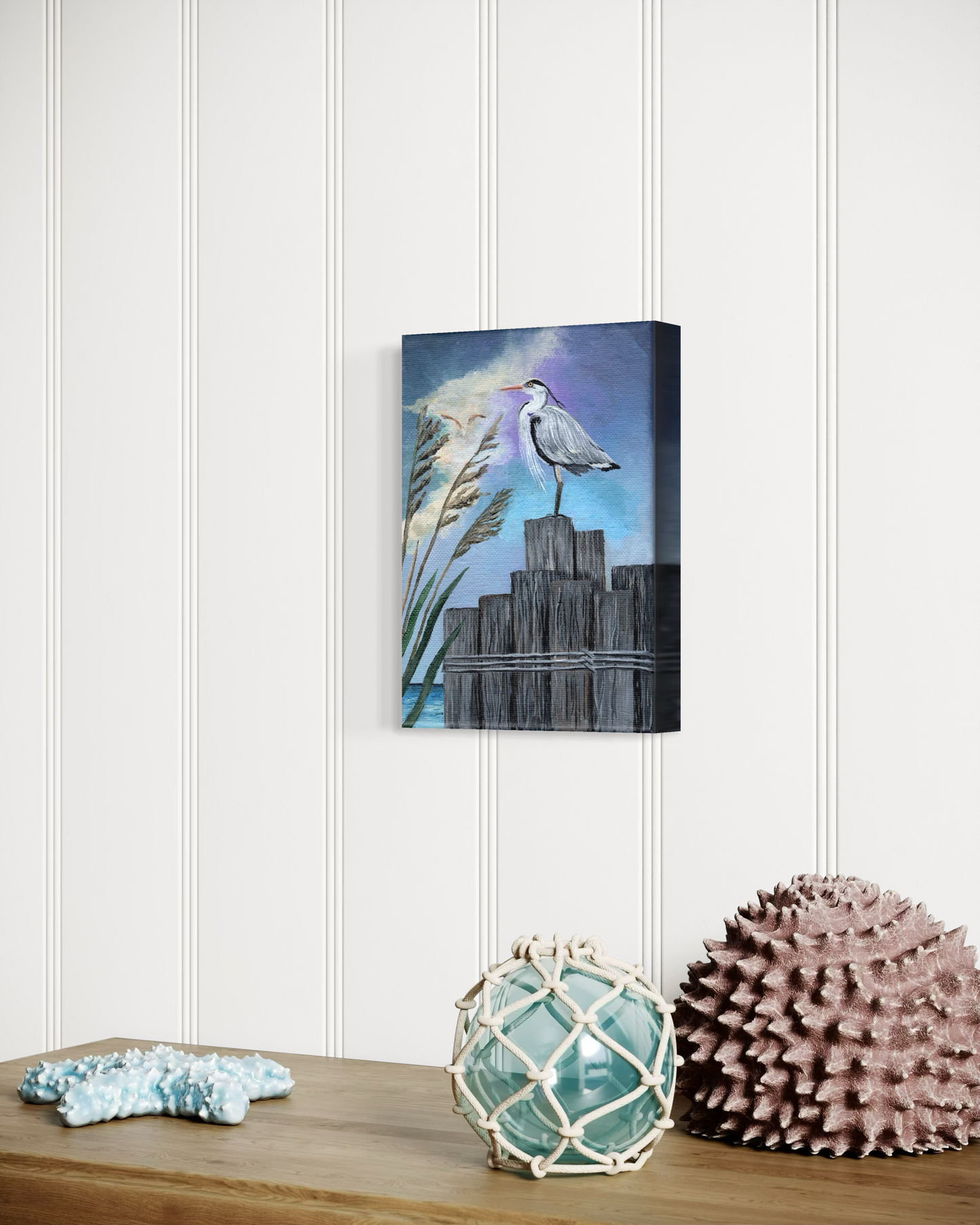 5 x 7 Inch Gray Heron on Pylons Original Acrylic Painting