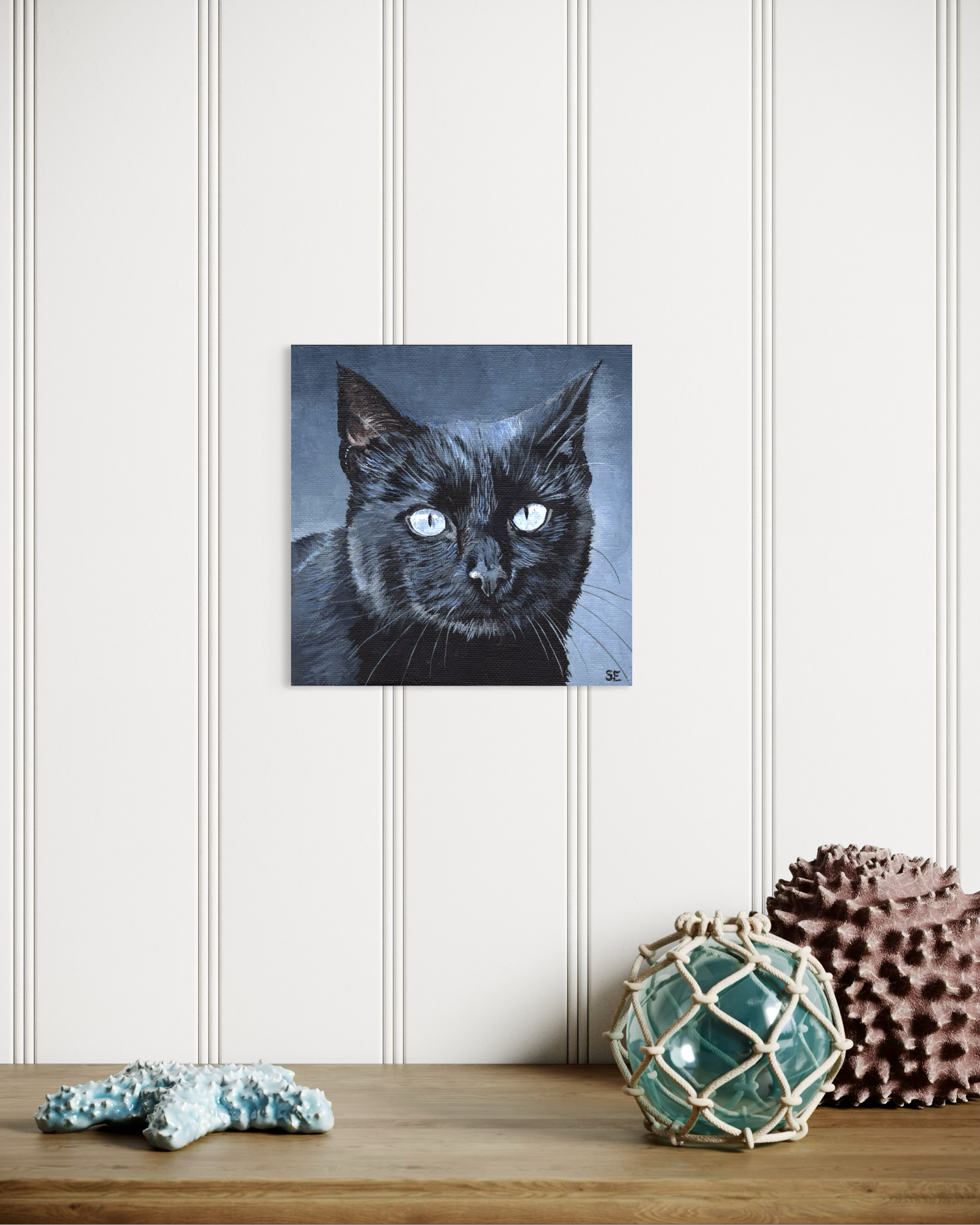 Black Cat with Blue Eyes original 6 x 6 Acrylic Painting on Canvas Board