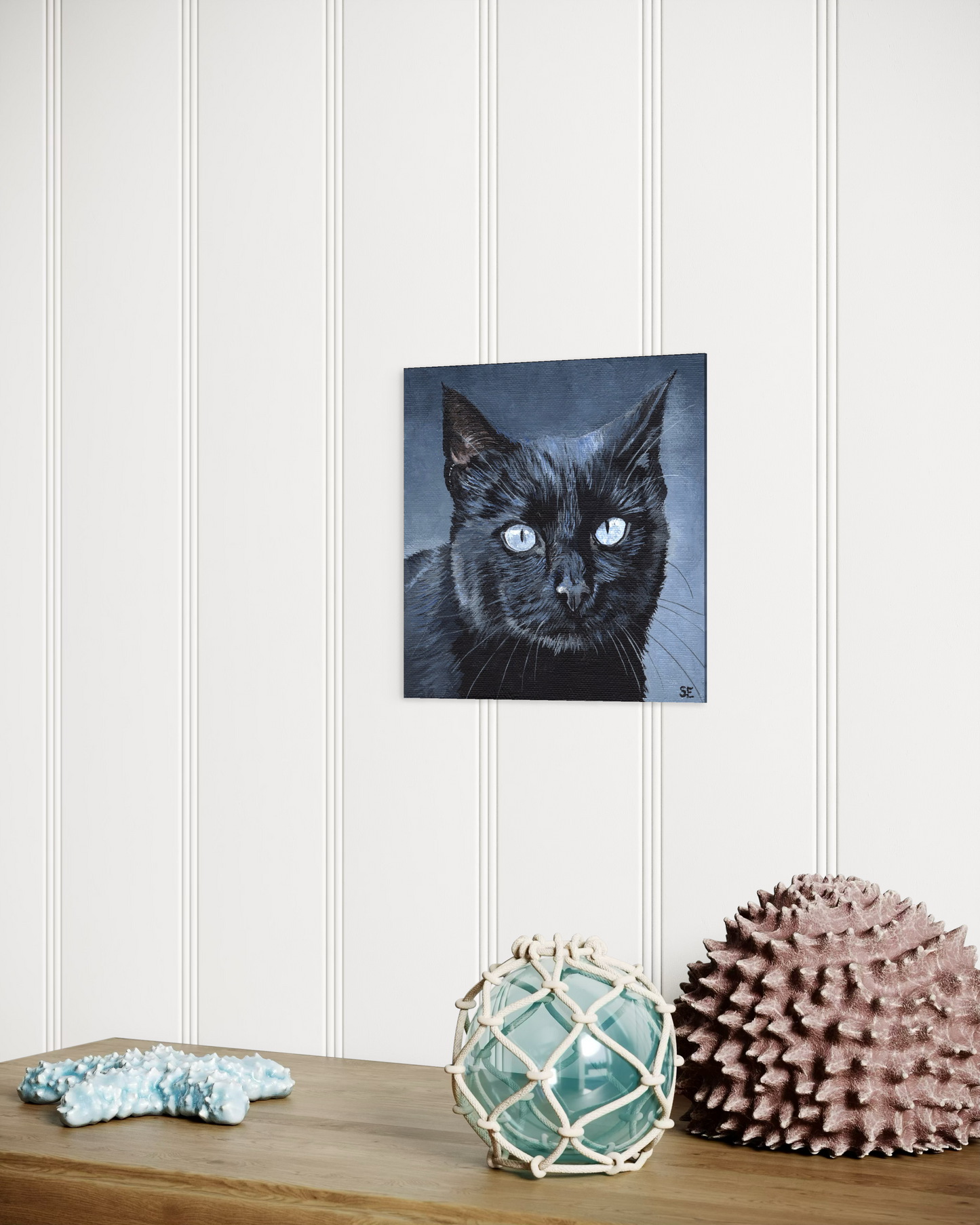 Black Cat with Blue Eyes original 6 x 6 Acrylic Painting on Canvas Board