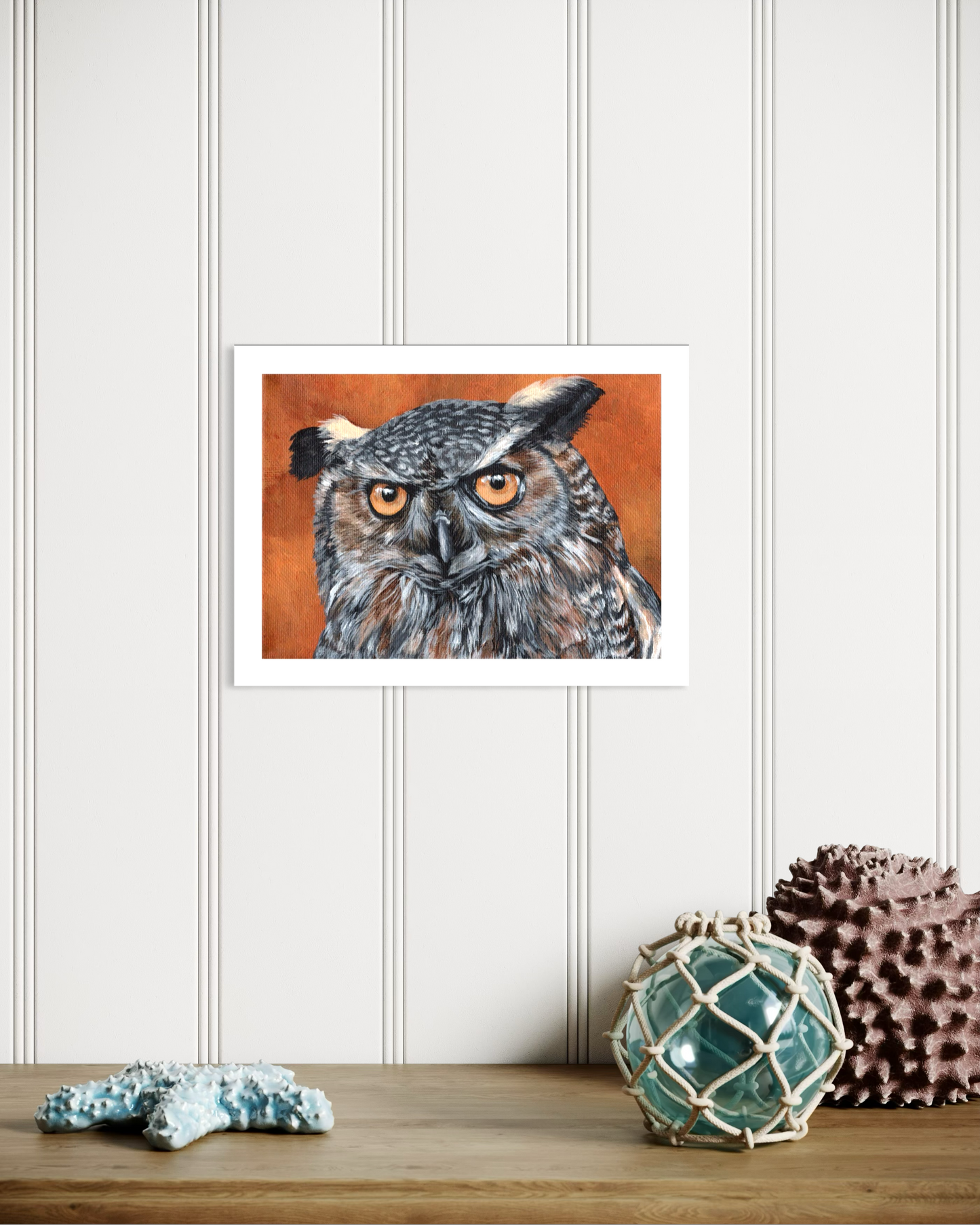 8 x 6 Inch Great Horned Owl on Orange Giclee Fine Art Print