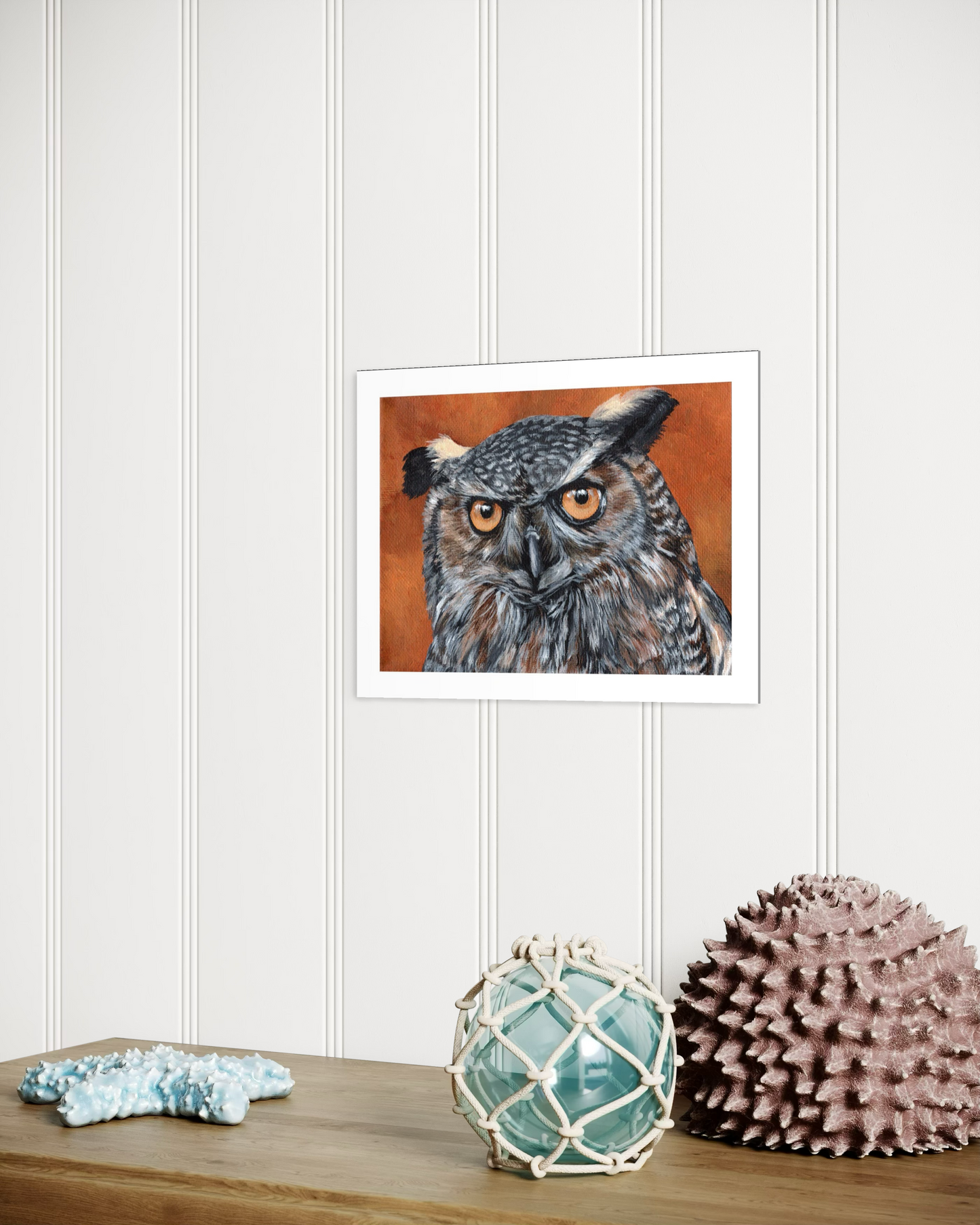 8 x 6 Inch Great Horned Owl on Orange Giclee Fine Art Print