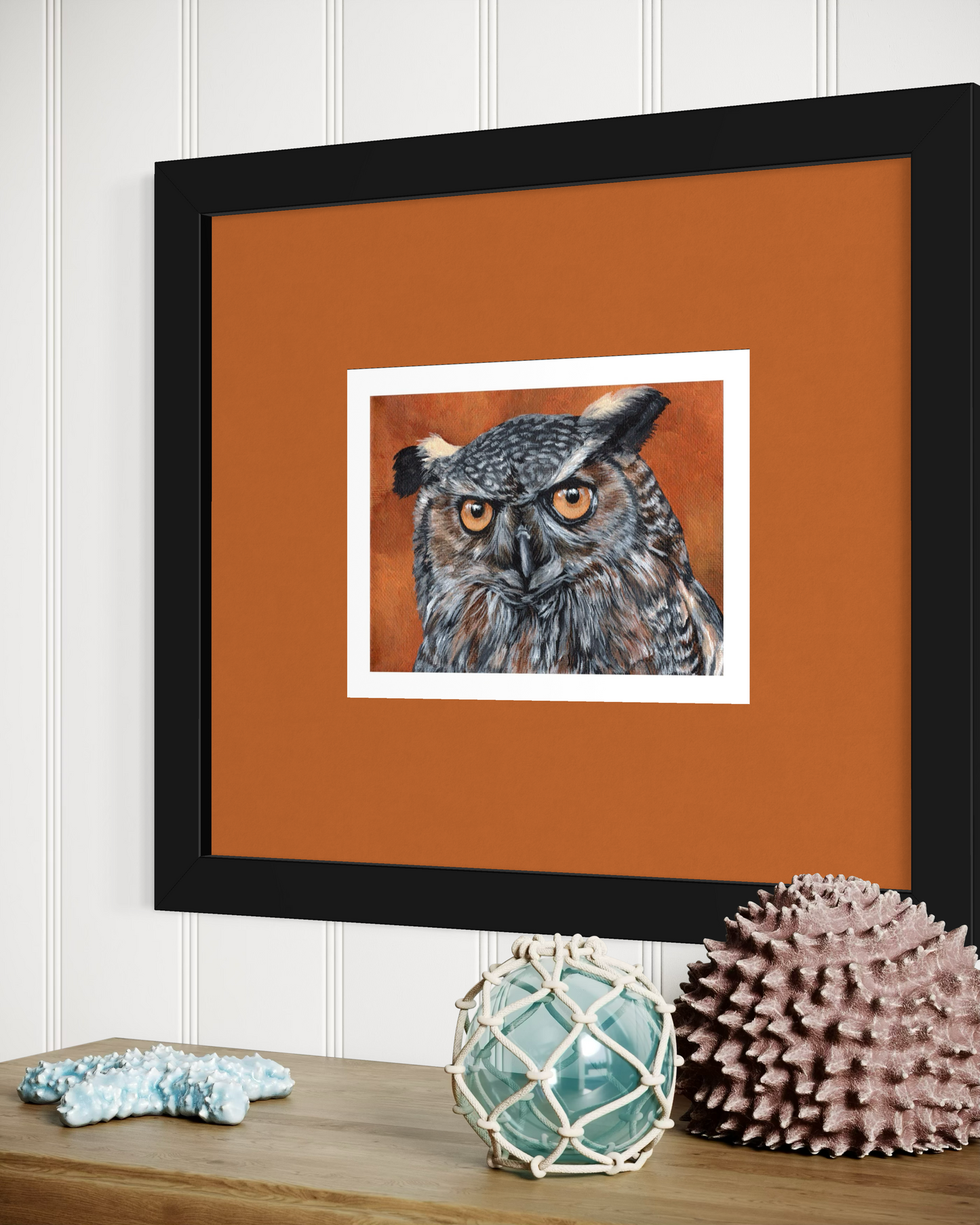 8 x 6 Inch Great Horned Owl on Orange Giclee Fine Art Print