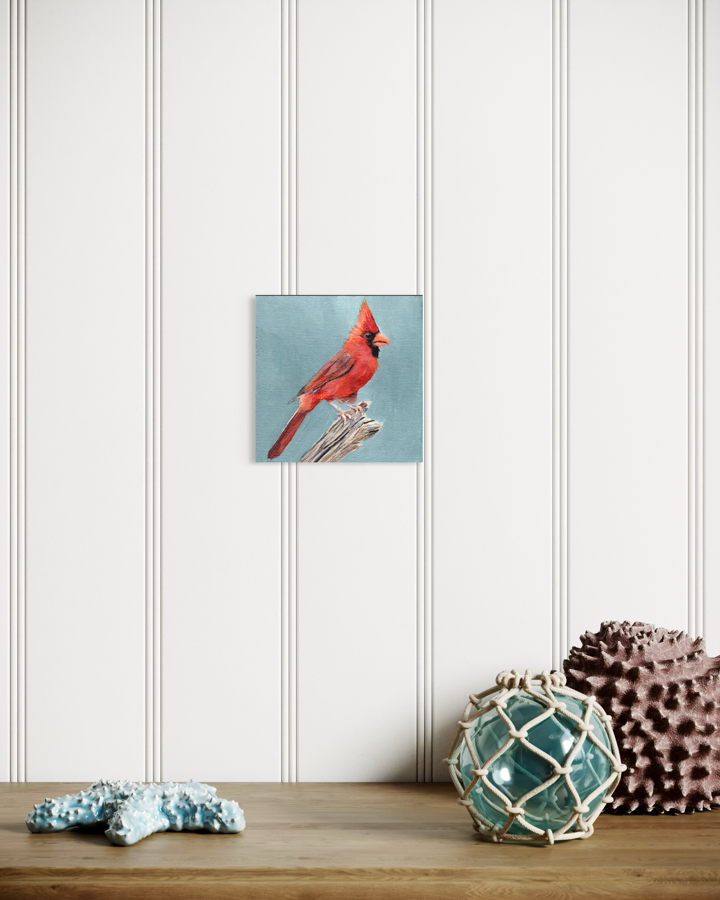 4 x 4 inch Cardinal on Blue Original Miniature Acrylic Painting