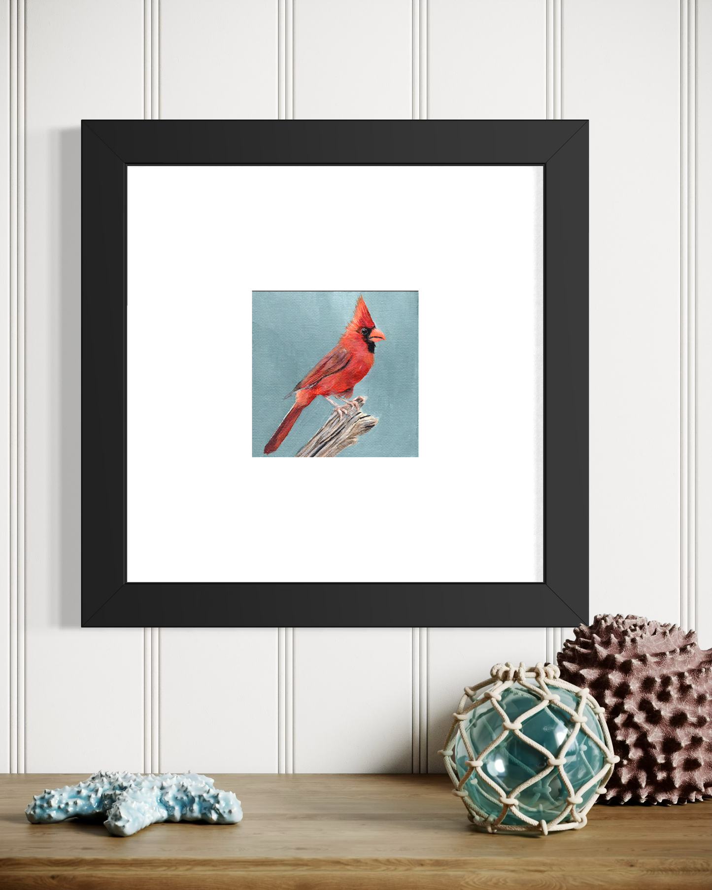 4 x 4 inch Cardinal on Blue Original Miniature Acrylic Painting