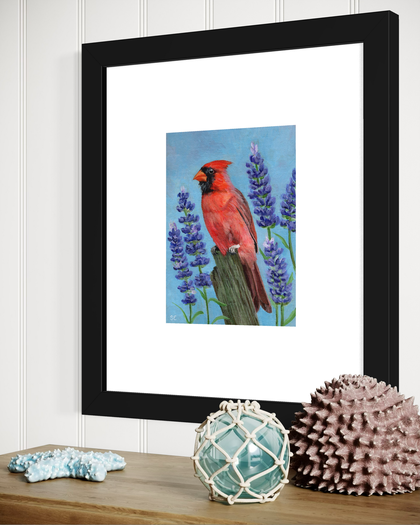 6 x 8 Cardinal and Lavender Original Acrylic on Canvas Board Painting