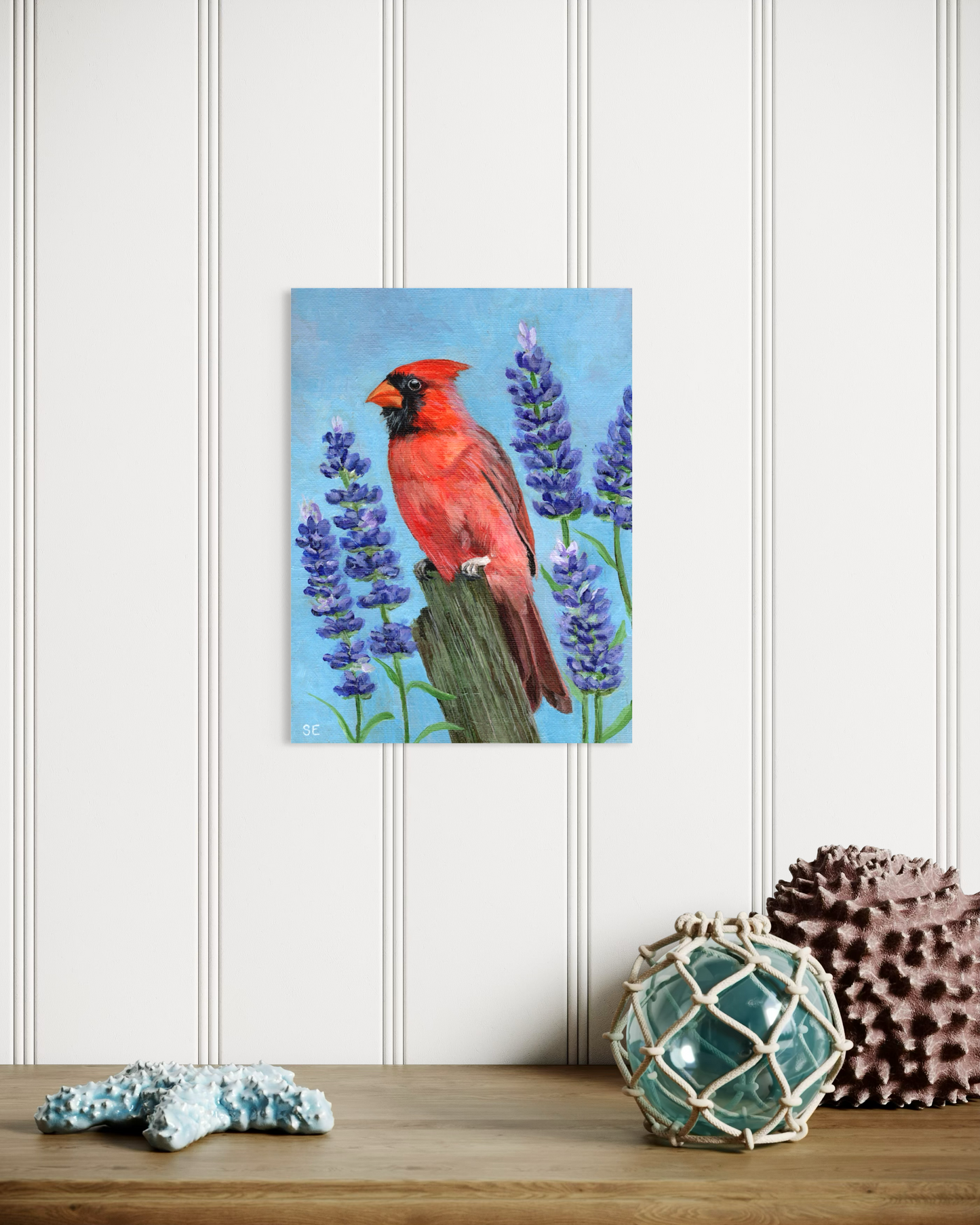 6 x 8 Cardinal and Lavender Original Acrylic on Canvas Board Painting