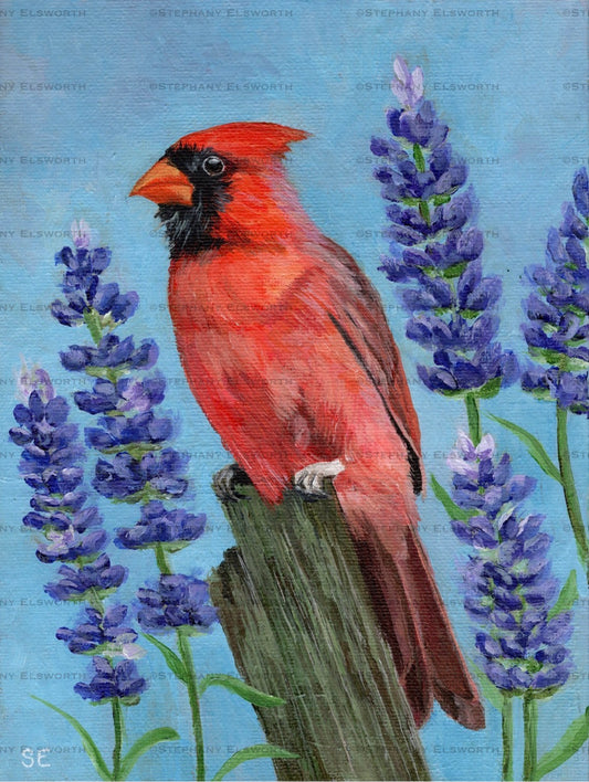 6 x 8 Cardinal and Lavender Original Acrylic on Canvas Board Painting