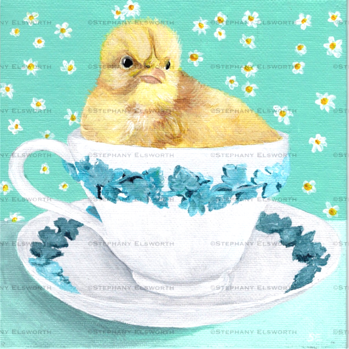 6 x 6 Chick in a Teacup Original Acrylic Painting