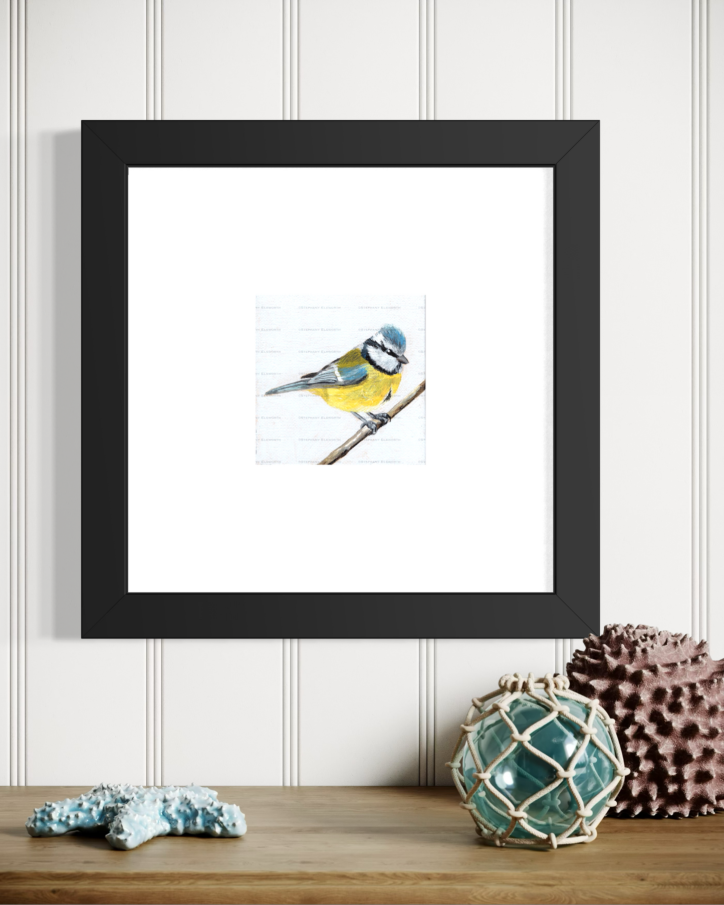 4 x 4 inch Eurasian Blue Tit Bird Original Miniature Acrylic Painting
