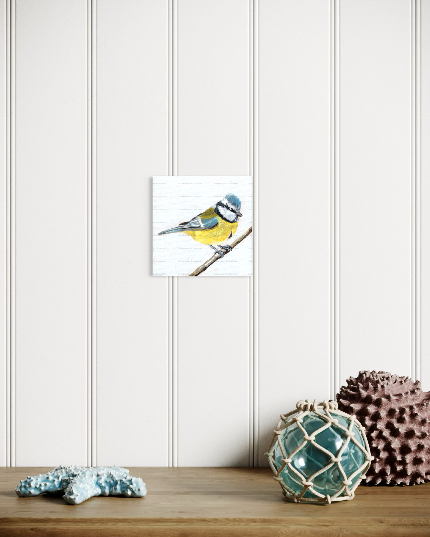 4 x 4 inch Eurasian Blue Tit Bird Original Miniature Acrylic Painting