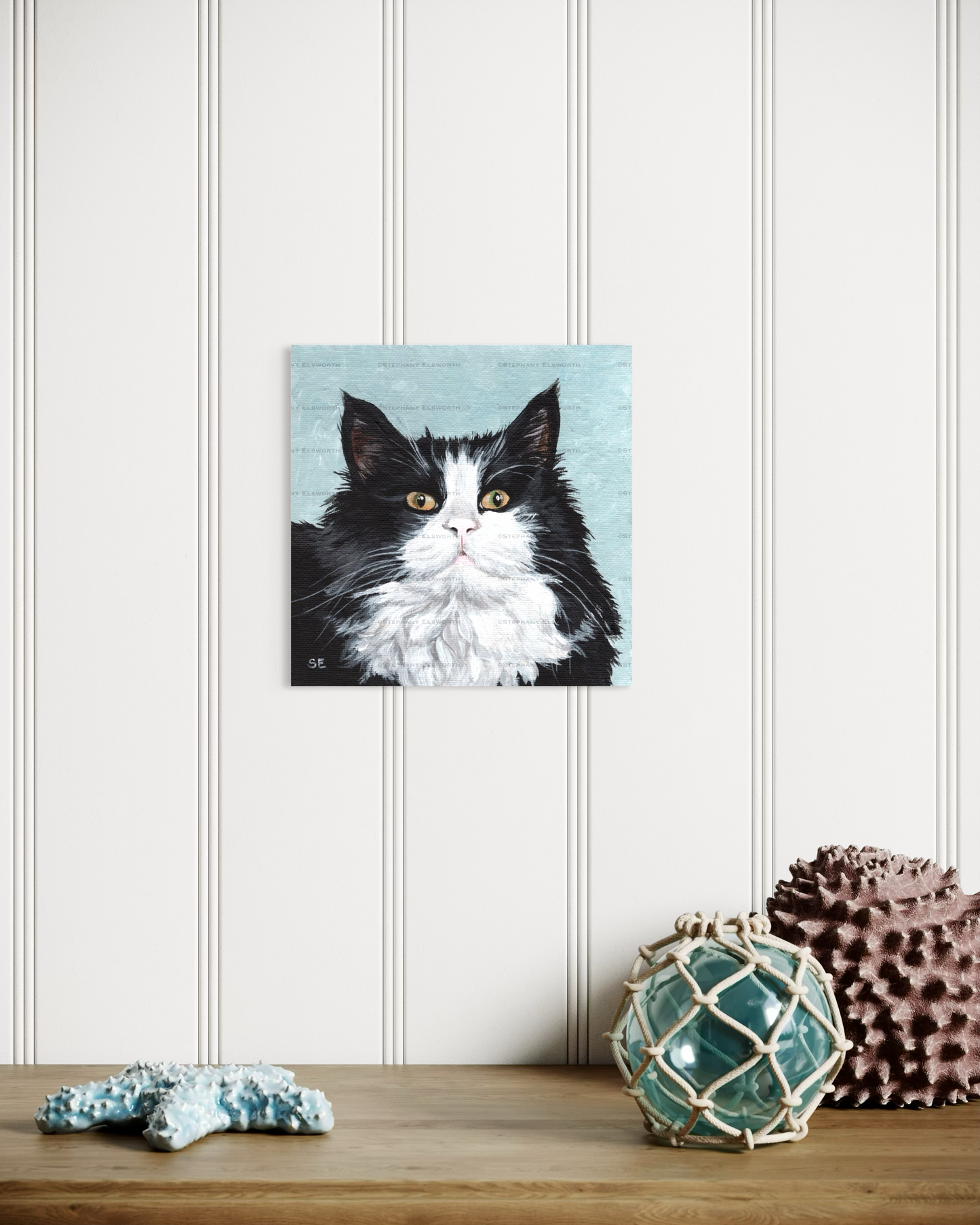 6 x 6 Black and White Longhaired Cat Original Acrylic Painting